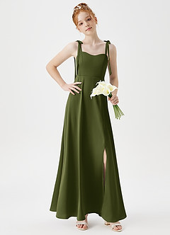 Azazie Rosey Junior A라인 스윗하트 네크라인 스트레치 새틴 플로어 길이 주니어 신부 들러리 드레스 image3