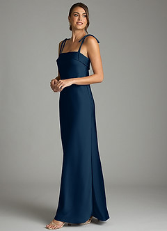 Azazie Ellia Bridesmaid Dresses Dark Navy Sheath Bow Stretch Satin Dress image4