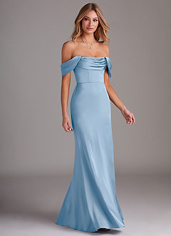 Azazie Saige Vestidos de damas de honor Vestido de Azul Pálido de Satén Elástico de Corte Recto con Vestidos sin tirantes image6