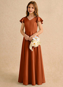 Azazie Nari Girls Formal Flower Girl Dresses Burnt Orange A-Line with Sleeves Matte Satin Dress image4