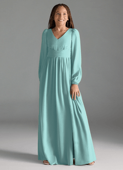 Azazie Norah Junior Robe Trapèze en Mousseline de soie Plissée Aqua image3