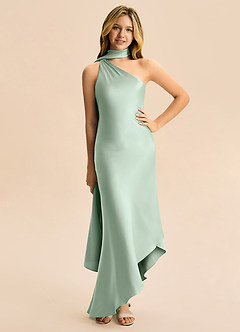 Azazie Briony Junior Agave Sheath Pleated Stretch Satin Dress image3