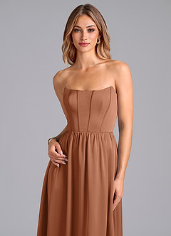 Azazie Leilana Robes de demoiselle d'honneur Robe Trapèze en Satin extensible Corset Bronze image6