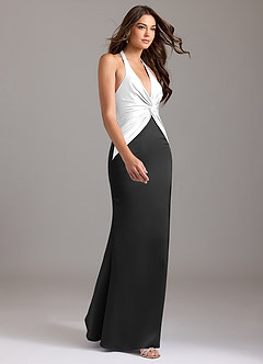 Azazie Valerie Bridesmaid Dresses Ivory Black Mermaid Pleated Stretch Satin Dress image4