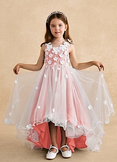Azazie Celia Flower Girl Dresses Coral A-Line Lace Tulle Dress image4