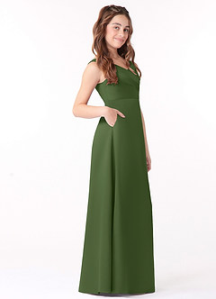 Azazie Sadia Junior Olive A-Line Pleated Matte Satin Dress image2