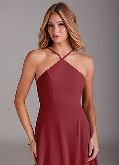Azazie Bailey Bridesmaid Dresses Pomegranate A-Line Halter Side Slit Chiffon Dress image7
