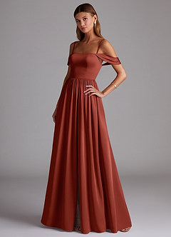 Azazie Calianna Jurken voor bruidsmeisjes Converteerbaar Jurk van Stretch Satijn met A-Lijn Off the Shoulder Terracotta image3