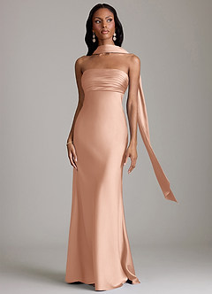 Azazie Saylor Vestidos de damas de honor Vestido de Oro Rosa de Satén Elástico de Corte Sirena con Sin tirantes image9