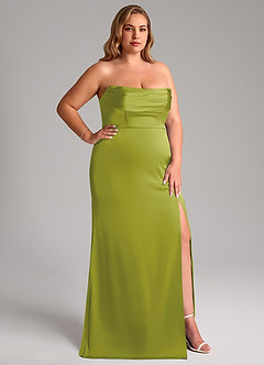 Azazie Saige Vestidos de damas de honor Vestido de Hierba De Limón de Satén Elástico de Corte Recto con Vestidos sin tirantes image17