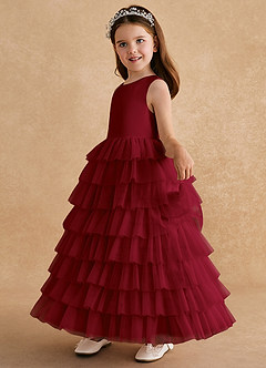 Azazie Twinkle Toes vestidos de niña de las flores Vestido de Borgoña de Tul de Corte En A con Lazo image4