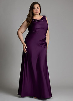 Azazie Nerine Bridesmaid Dresses Grape A-Line Pleated Stretch Satin Dress image9