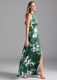 Azazie Clarice Abiti da Damigella Abito A-Line in Raso Elasticizzato Collo Alto Green Botanicals image5