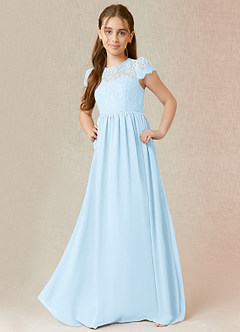 Azazie Delevingne Junior Vestido de Azul Cielo de Gasa de Corte en A con Encaje image1