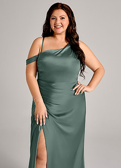 Azazie Madelyn Bridesmaid Dresses Sea Moss Mermaid One Shoulder Stretch Satin Convertible Dress image10