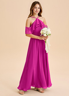 Azazie Tessabelle Junior Robe Trapèze en Mousseline de soie Épaule décolletée Fuchsia image1