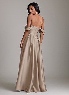 Azazie Loisa Bridesmaid Dresses Taupe A-Line Off the Shoulder Stretch Satin Dress image2