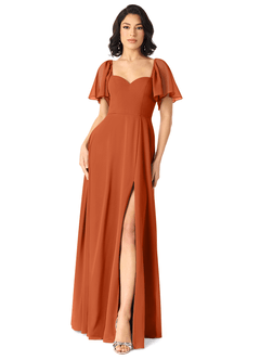 Azazie Chloe Vestidos de damas de honor Vestido de Naranja Quemada de Gasa de Corte en A con Escote de Corazón image1