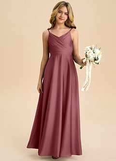 Azazie Bug Junior Vestido de Rosa Del Desierto de Satén Elástico de Corte en A con Plisado image6