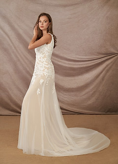 Azazie Bess Wedding Dresses Diamond White Champagne Sheath Sequins Tulle Dress image4