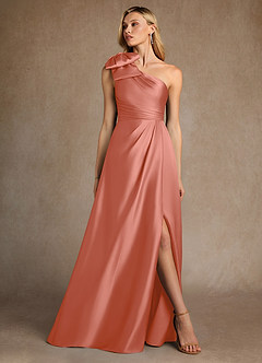 Azazie Easton Mère de la mariée Robes Robe Trapèze en Satin extensible Une épaule Rose Saumon image4