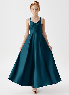 Azazie Avelina Junior Abito A-Line in Raso Elasticizzato Plissettato Blu Inchiostro image5