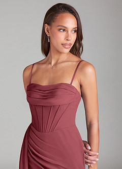 Azazie Amyra Bridesmaid Dresses Merlot Sheath Off the Shoulder Chiffon Convertible Dress image2