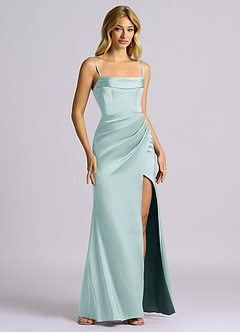 Azazie Auden 신부 들러리 드레스 쉬스 오프 더 숄더 스트레치 새틴 바닥 길이 드레스 image3