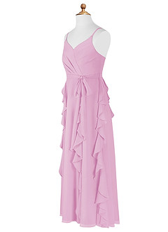 Azazie Peyton Junior Vestido de Rosa Caramelo de Gasa de Corte En A con Volantes en cascada Cuello en V image8