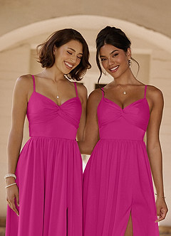 Azazie Zeya Bridesmaid Dresses Fuchsia A-Line Pleated Stretch Satin Dress image2
