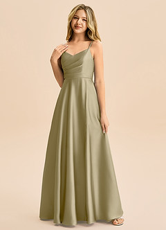 Azazie Rumi Junior Vestido de Musgo Verde de Satén Elástico de Corte en A con Plisado image3