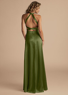 Azazie Clarice Bridesmaid Dresses Olive A-Line High Neck Metallic Satin Dress image2