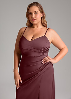 Azazie Azuree Bridesmaid Dresses Sangria A-Line Pleated Stretch Satin Dress image14