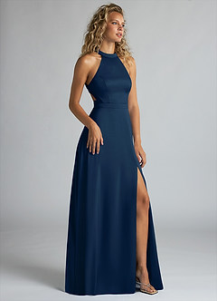 Azazie Clarice Bridesmaid Dresses Dark Navy A-Line High Neck Stretch Satin Dress image2