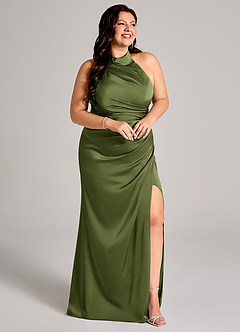 Azazie Jemma Bridesmaid Dresses Olive Sheath Pleated Stretch Satin Dress image11