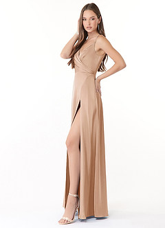 Azazie Dalilah Robes de demoiselle d'honneur Robe Trapèze en Satin extensible Col V plissé Rose Perle image3