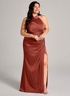 Azazie Jemma Bridesmaid Dresses Terracotta Sheath Pleated Stretch Satin Dress image11