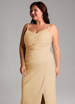 Azazie Deandra Bridesmaid Dresses Gold Mermaid Pleated Stretch Satin Dress image12