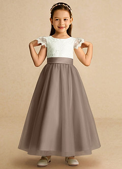 Azazie Pookie Flower Girl Dresses Taupe A-Line Lace Tulle Dress image3