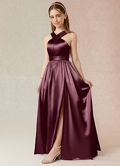 Azazie Jiya Junior Robe Trapèze en Satiné métallisé Plissée Cabernet image1