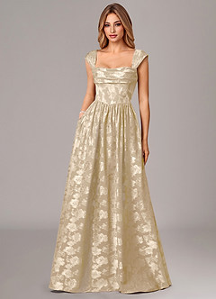 Azazie Hazel Bridesmaid Dresses Champagne A-Line Corset Floral Burnout Dress image1