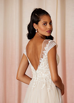 Azazie Bellisima At-home Try On Dresses Diamond White Champagne A-Line V-Neck Tulle Dress image4