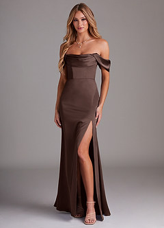 Azazie Saige Bridesmaid Dresses Ganache Sheath Off the Shoulder Stretch Satin Dress image1