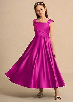 Azazie Bundle Girls Formal Flower Girl Dresses Fuchsia A-Line Pleated Matte Satin Dress image6