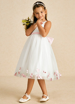 Azazie Dot Flower Girl Dresses Ivory Blushing Pink A-Line Bow Tulle Dress image4