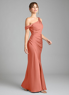 Azazie Madelyn Bridesmaid Dresses Salmon Pink Mermaid One Shoulder Stretch Satin Convertible Dress image5