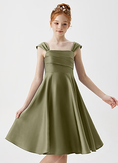 Azazie Amira Junior Pistachio A-Line Pleated Stretch Satin Dress image3