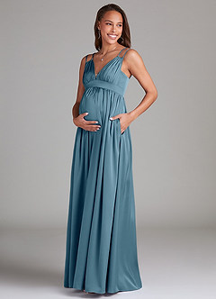 Azazie Emree Maternity Bridesmaid Dresses A-Line Stretch Satin Floor-Length Dress with Pockets image3