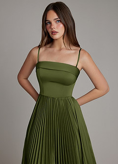 Azazie Mariana Bridesmaid Dresses Olive A-Line Pleated Stretch Satin Dress image2