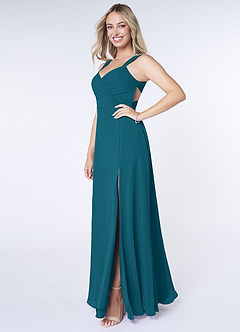 Azazie Nahrin Robes de demoiselle d'honneur Robe Trapèze en Mousseline de soie Col V plissé Bleu Encre image3